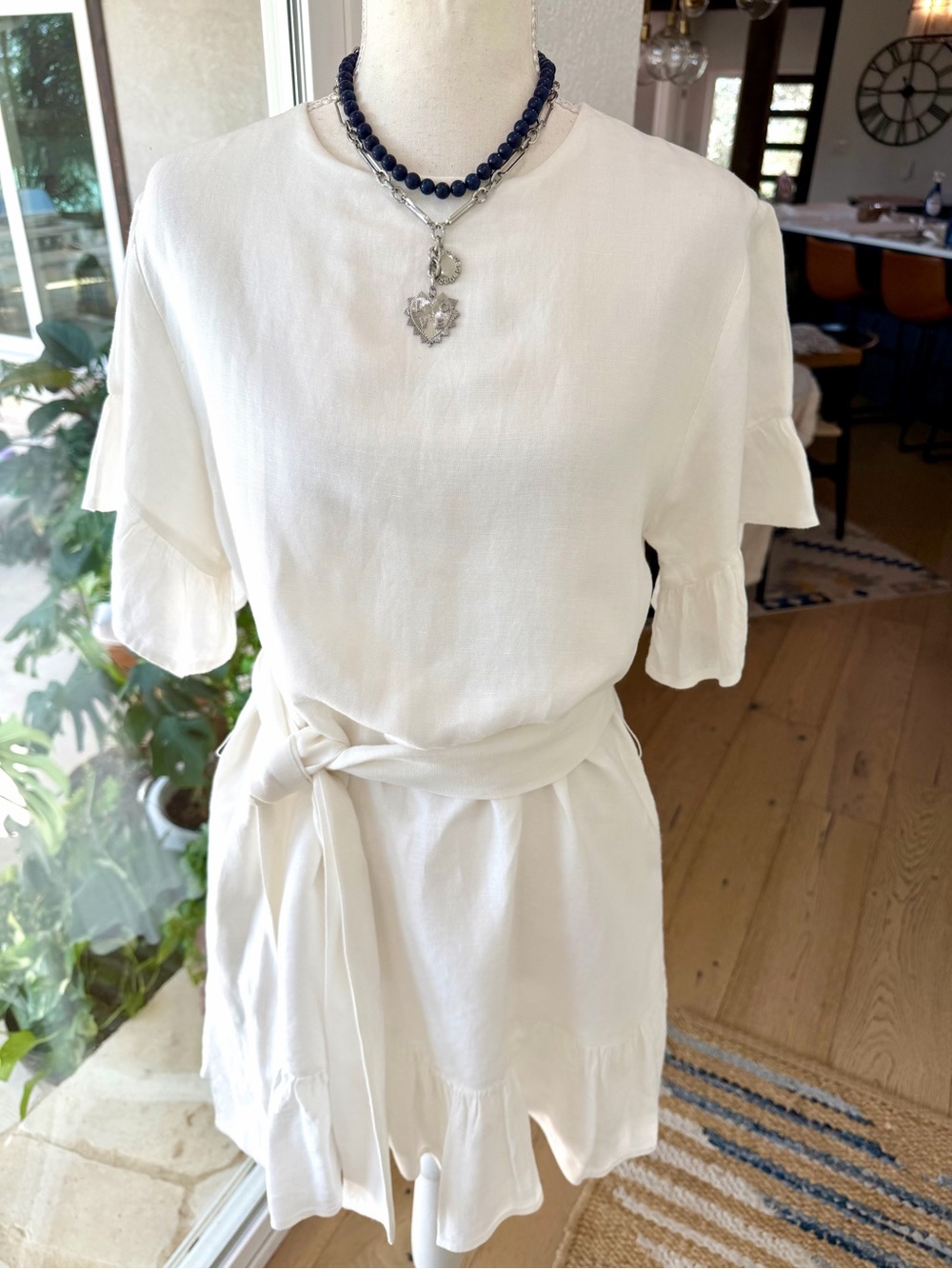 Urban Outfitters White Linen Tunic Dress With Ruffle Sleeves Removable Belt XS